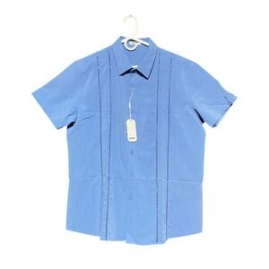 COOFANDY Mens Size L Blue Short Sleeve Cuban Guayabera Style Button Down Shirt